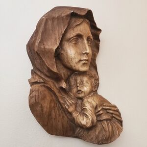 Vintage Hand Carved Madonna & Child Wood Wall Plaque